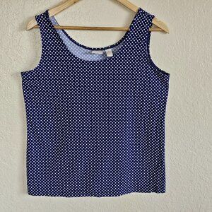 Chicos Size 2 Navy Blue & White Polka Dot Sleeveless Tank Top Stretchy Scoop Nec